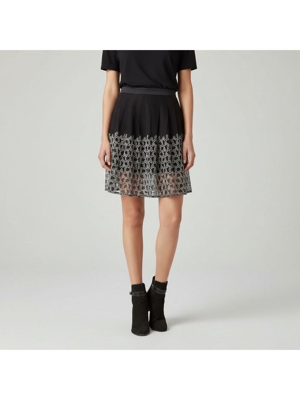 AllSaints Sidney Skirt Black White Embroidered Mesh Pleated Mini Size 8 Medium